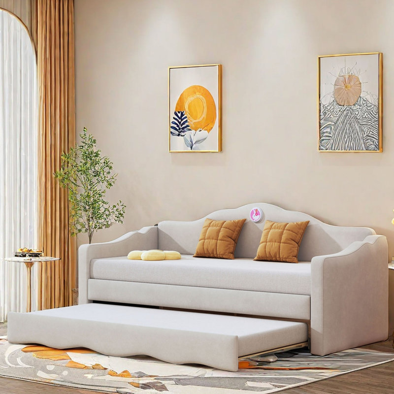 Twin Size Velvet Daybed With Wave shaped Trundle Upholstered Pull Out Sofa Bed Couch Frame No Box Spring And Mattress